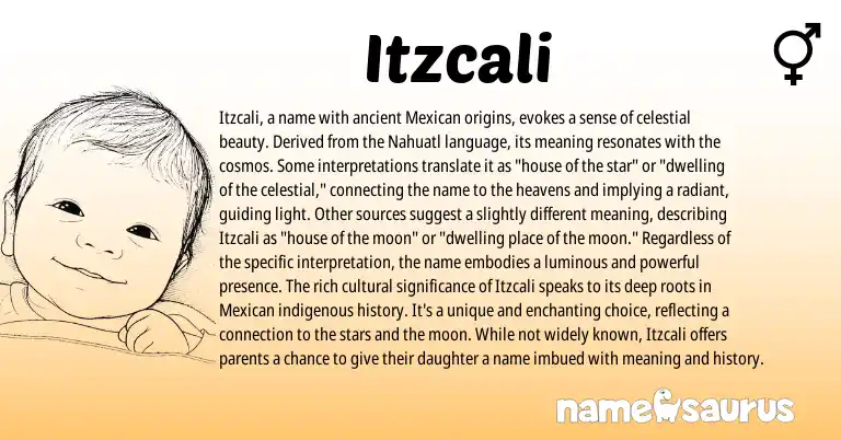 Infographic about Itzcali name meaning, Itzcali is a name from Aztec, Nahuatl, Mexican origin(s).