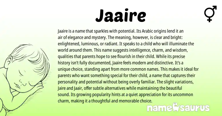 Infographic about Jaaire name meaning, Jaaire is a name from English, Arabic origin(s).