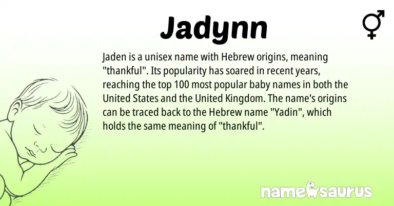 Infographic about Jadynn name meaning, Jadynn is a name from United Kingdom, Hebrew, United States origin(s).