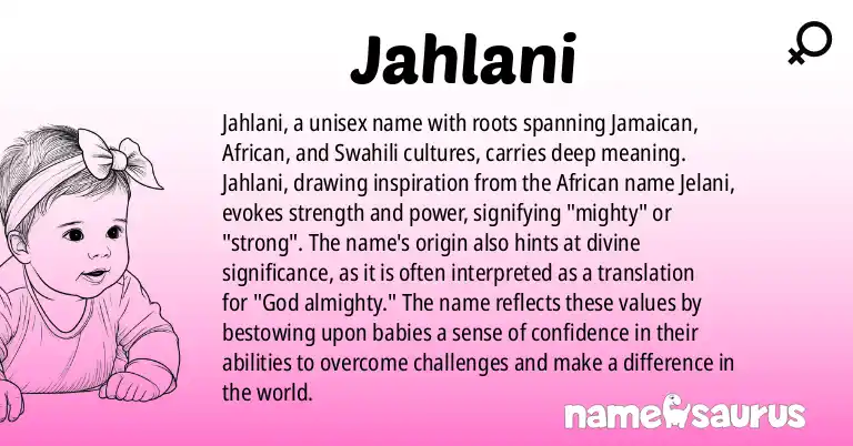 Infographic about Jahlani name meaning, Jahlani is a name from Jamaican, African, Swahili origin(s).