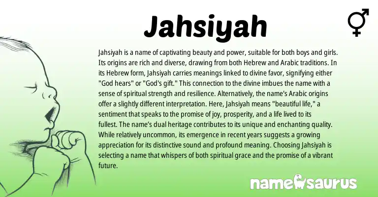 Infographic about Jahsiyah name meaning, Jahsiyah is a name from Hebrew, Arabic origin(s).