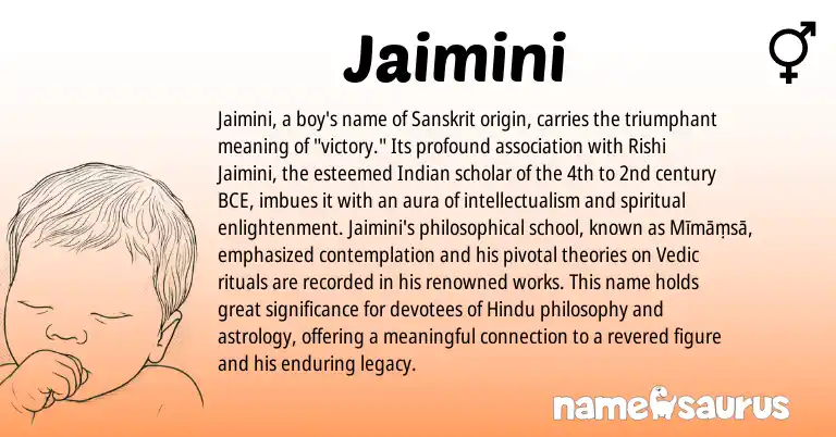 Infographic about Jaimini name meaning, Jaimini is a name from Sanskrit, Indian, Hindu origin(s).