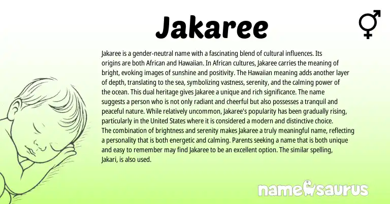 Infographic about Jakaree name meaning, Jakaree is a name from African, Hawaiian, American origin(s).