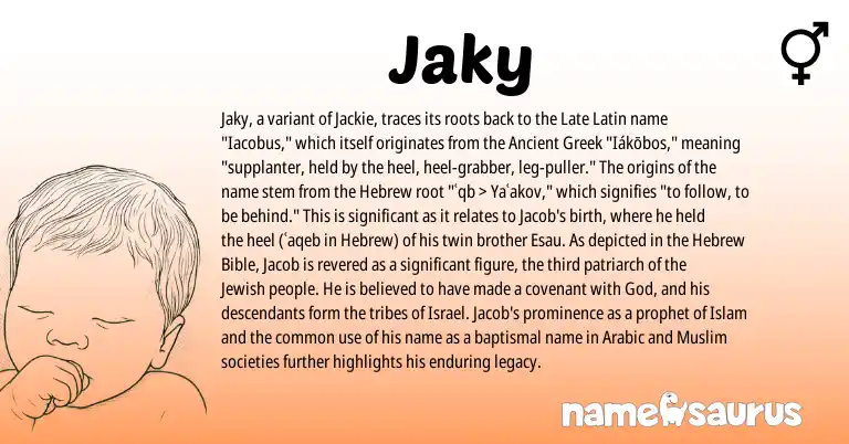 Infographic about Jaky name meaning, Jaky is a name from Ancient Greek, Muslim, Late Latin, Arabic, Jewish, Hebrew origin(s).