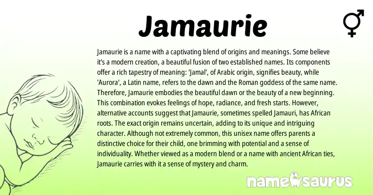 Infographic about Jamaurie name meaning, Jamaurie is a name from Roman, Latin, Arabic origin(s).