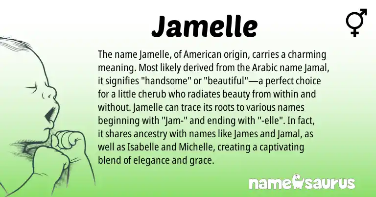 Infographic about Jamelle name meaning, Jamelle is a name from Arabic, American origin(s).