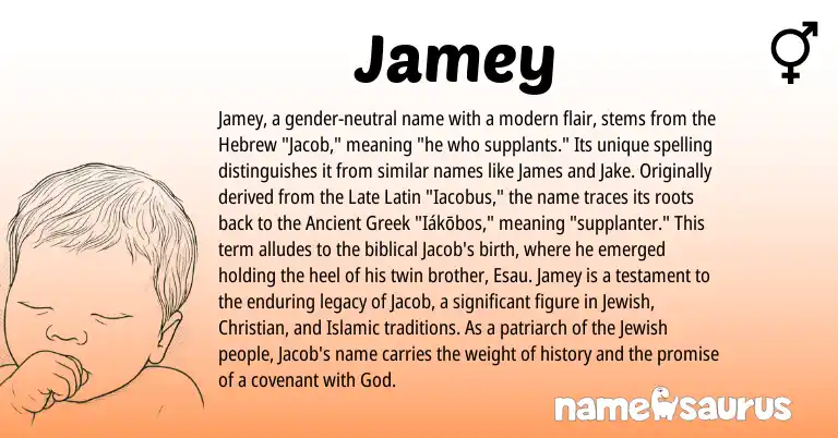 Infographic about Jamey name meaning, Jamey is a name from Jewish, Late Latin, Hebrew, Ancient Greek origin(s).
