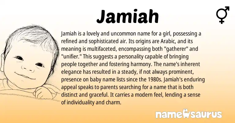 Infographic about Jamiah name meaning, Jamiah is a name from Arabic origin(s).