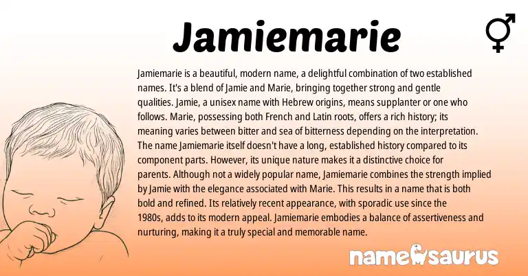 Infographic about Jamiemarie name meaning, Jamiemarie is a name from English origin(s).