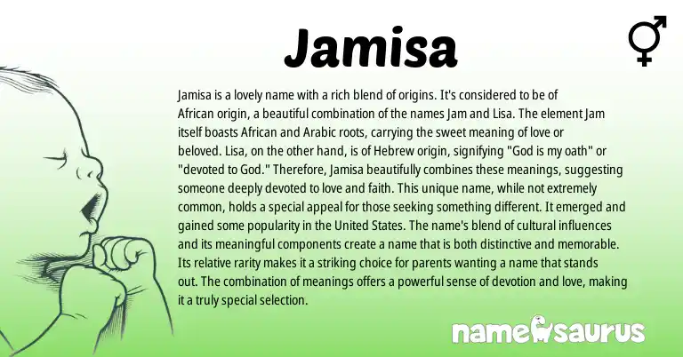 Infographic about Jamisa name meaning, Jamisa is a name from African, Hebrew, Arabic origin(s).