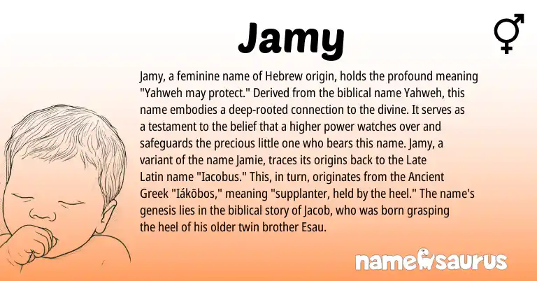 Infographic about Jamy name meaning, Jamy is a name from Late Latin, Hebrew, Ancient Greek origin(s).