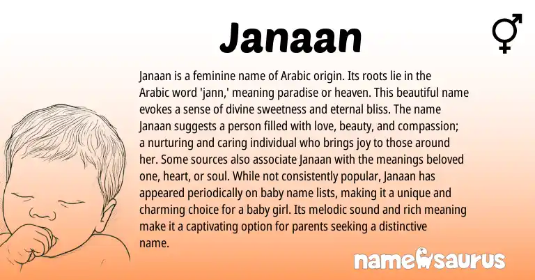 Infographic about Janaan name meaning, Janaan is a name from Arabic, Persian origin(s).
