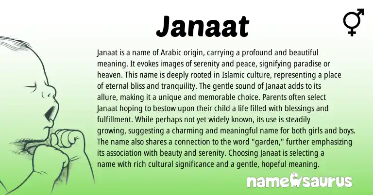 Infographic about Janaat name meaning, Janaat is a name from Arabic origin(s).