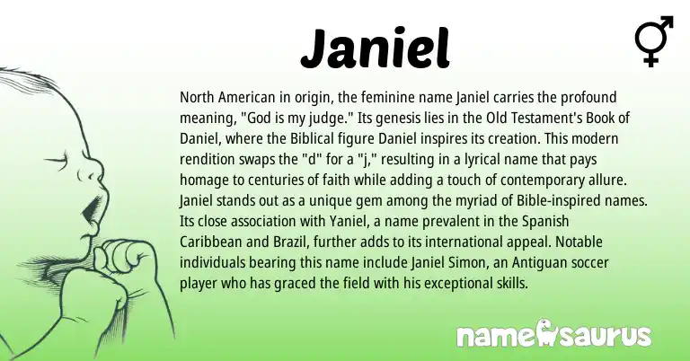 Infographic about Janiel name meaning, Janiel is a name from Spanish, Caribbean, American origin(s).