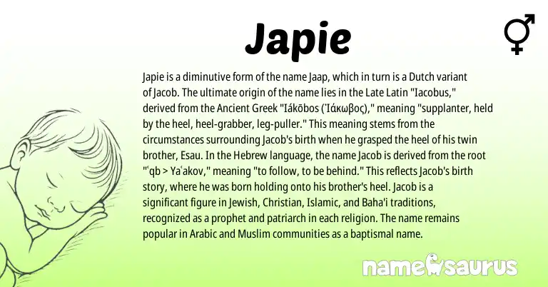Infographic about Japie name meaning, Japie is a name from Ancient Greek, Muslim, Late Latin, Arabic, Jewish, Dutch, Hebrew origin(s).