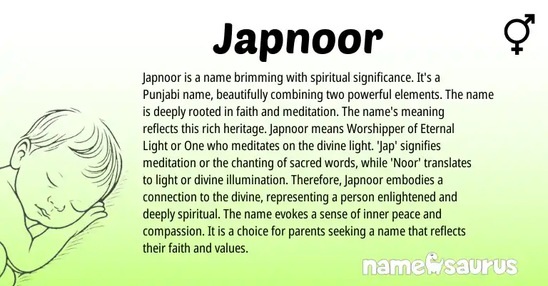 Infographic about Japnoor name meaning, Japnoor is a name from Indian, Punjabi origin(s).