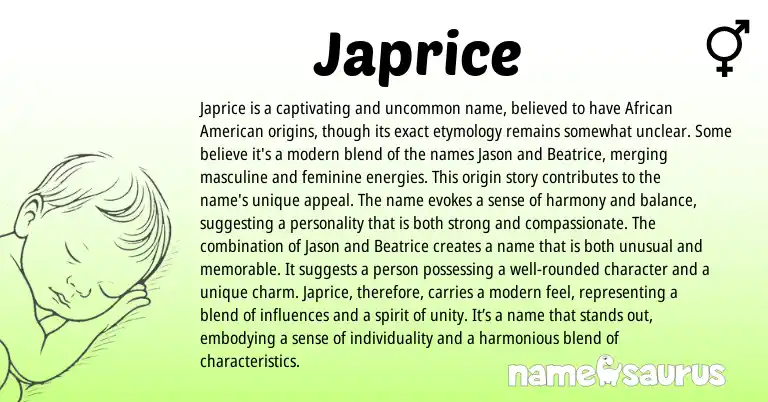 Infographic about Japrice name meaning, Japrice is a name from American origin(s).