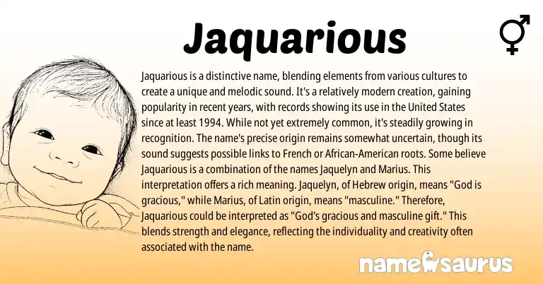 Infographic about Jaquarious name meaning, Jaquarious is a name from Latin, Hebrew, American origin(s).