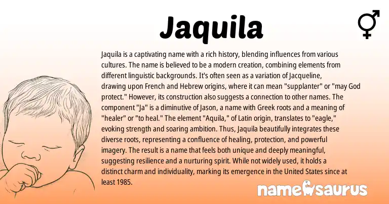 Infographic about Jaquila name meaning, Jaquila is a name from Latin, Spanish, Greek origin(s).