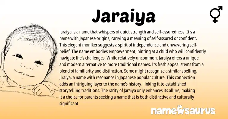 Infographic about Jaraiya name meaning, Jaraiya is a name from Japanese origin(s).