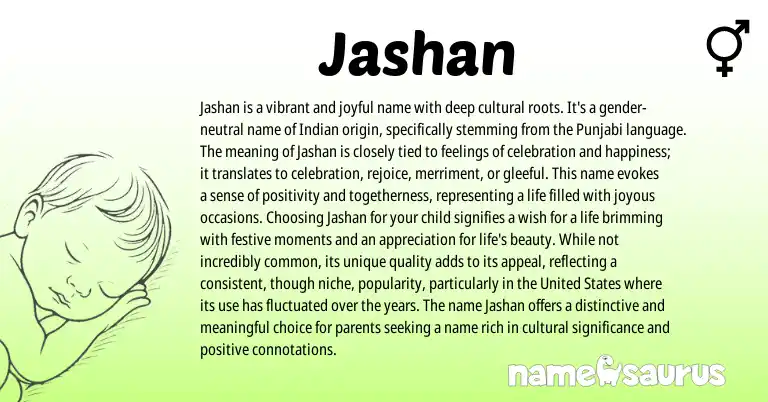 Infographic about Jashan name meaning, Jashan is a name from Indian, Punjabi, Hindi origin(s).