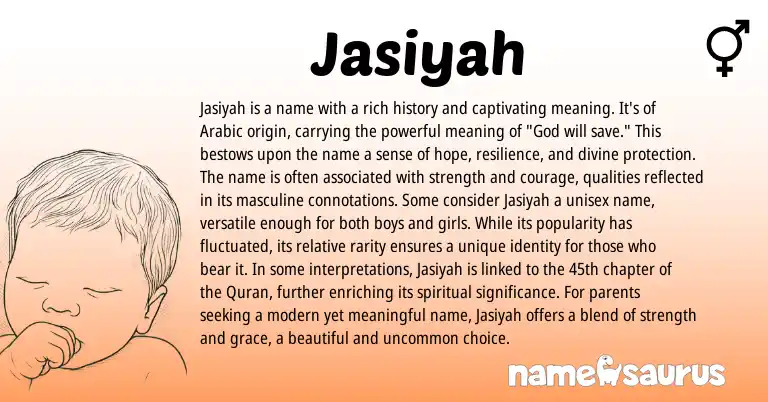 Infographic about Jasiyah name meaning, Jasiyah is a name from Arabic, American origin(s).