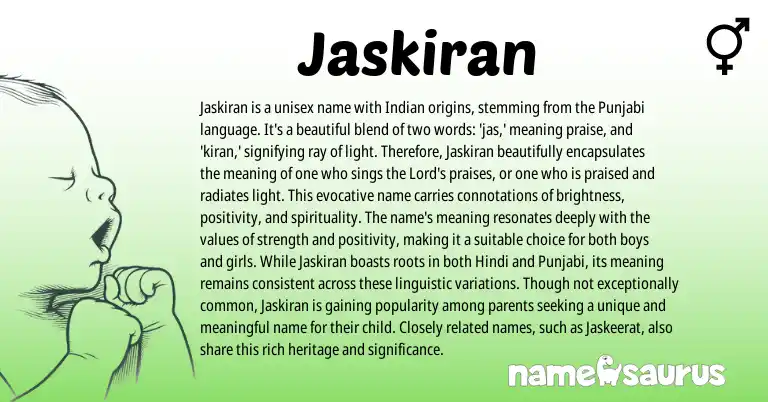 Infographic about Jaskiran name meaning, Jaskiran is a name from Indian, Punjabi origin(s).