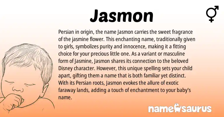 Infographic about Jasmon name meaning, Jasmon is a name from Persian origin(s).