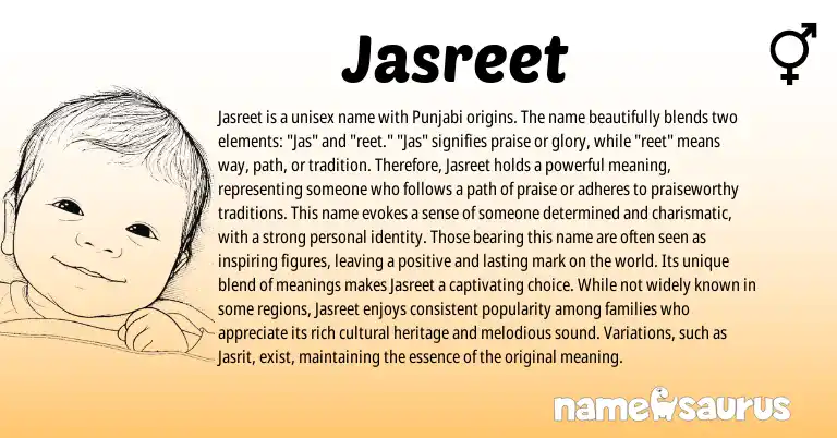 Infographic about Jasreet name meaning, Jasreet is a name from Punjabi origin(s).