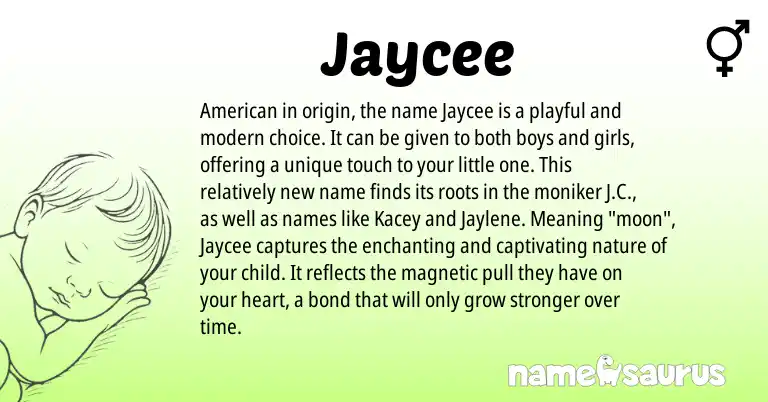 Infographic about Jaycee name meaning, Jaycee is a name from American origin(s).