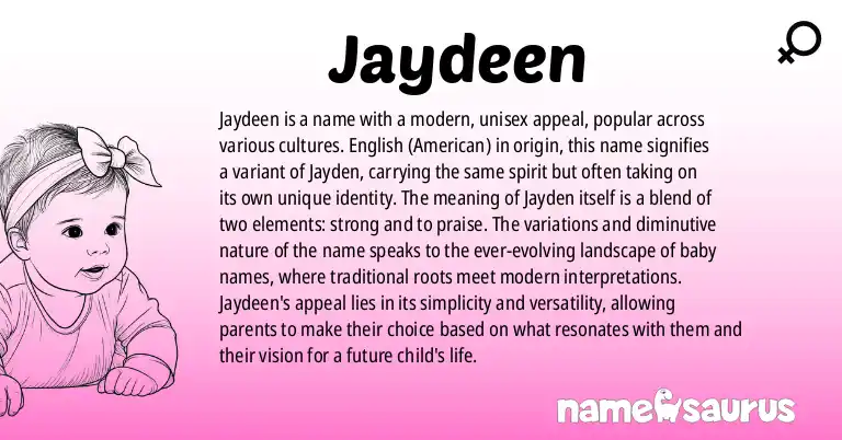 Infographic about Jaydeen name meaning, Jaydeen is a name from English (American) origin(s).