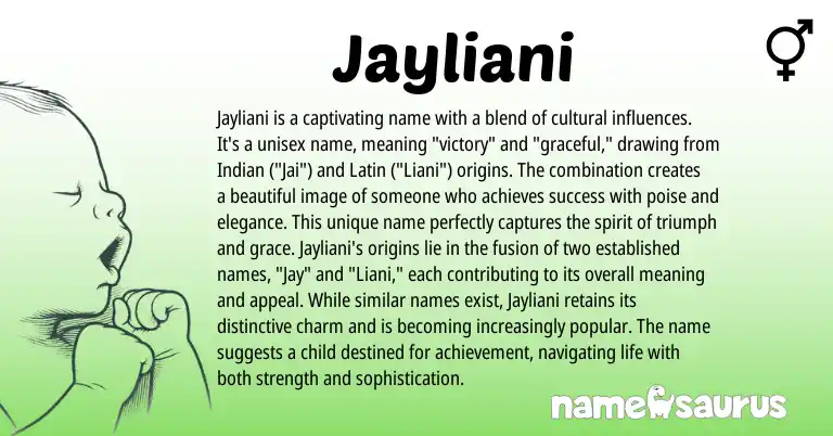 Infographic about Jayliani name meaning, Jayliani is a name from Latin, Indian origin(s).