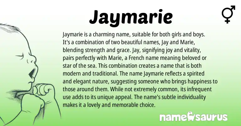 Infographic about Jaymarie name meaning, Jaymarie is a name from American origin(s).