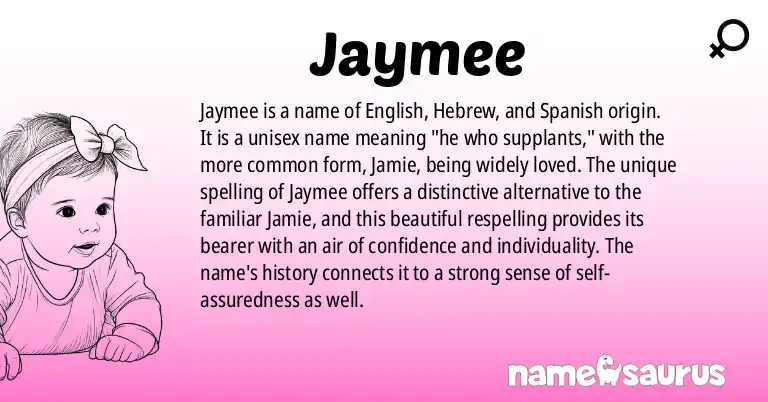 Infographic about Jaymee name meaning, Jaymee is a name from English, Hebrew, Spanish origin(s).