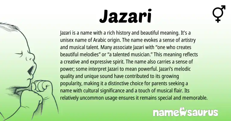 Infographic about Jazari name meaning, Jazari is a name from Arabic origin(s).