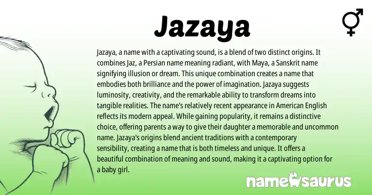 Infographic about Jazaya name meaning, Jazaya is a name from Persian, Sanskrit origin(s).