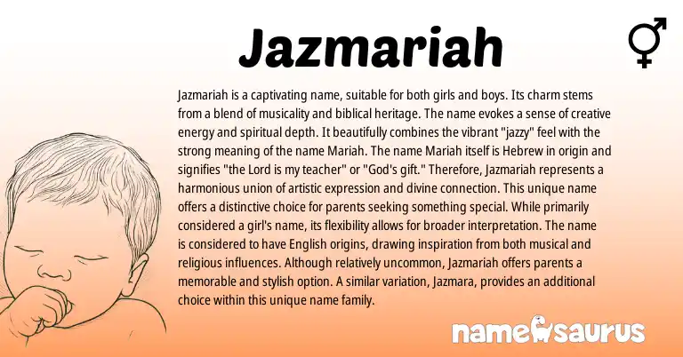Infographic about Jazmariah name meaning, Jazmariah is a name from Hebrew, Biblical, American origin(s).