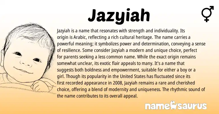 Infographic about Jazyiah name meaning, Jazyiah is a name from Arabic origin(s).