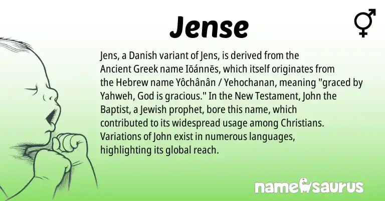 Infographic about Jense name meaning, Jense is a name from Jewish, Ancient Greek, Danish, Hebrew origin(s).