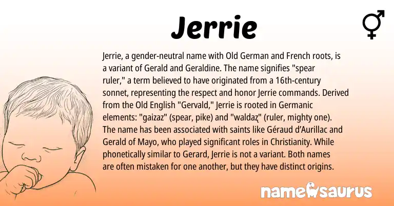 Infographic about Jerrie name meaning, Jerrie is a name from Christianity, French, Germanic, Old German, Old English origin(s).