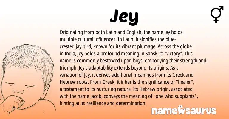 Infographic about Jey name meaning, Jey is a name from English, Latin, Greek, Sanskrit, Hebrew origin(s).