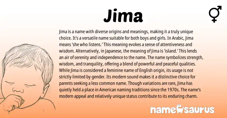 Infographic about Jima name meaning, Jima is a name from Arabic, Japanese origin(s).