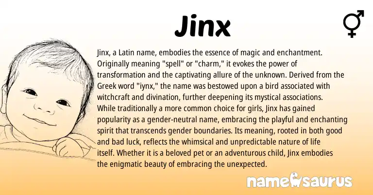 Infographic about Jinx name meaning, Jinx is a name from Latin, Greek origin(s).
