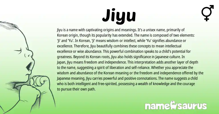 Infographic about Jiyu name meaning, Jiyu is a name from Indian, Korean origin(s).