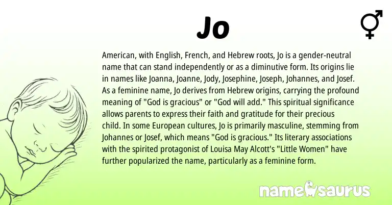 Infographic about Jo name meaning, Jo is a name from English, European, French, American, Hebrew origin(s).