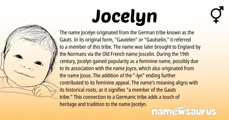 Infographic about Jocelyn name meaning, Jocelyn is a name from German, Germanic, Old French, England origin(s).