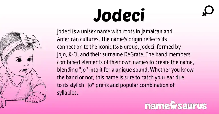 Infographic about Jodeci name meaning, Jodeci is a name from Jamaican, American origin(s).