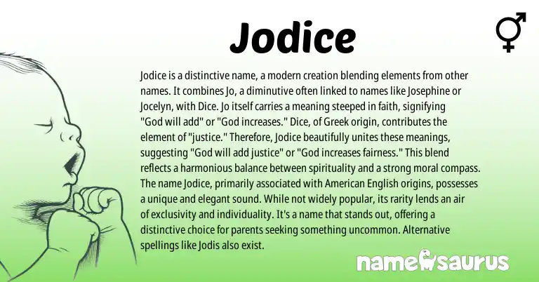 Infographic about Jodice name meaning, Jodice is a name from English, Greek origin(s).