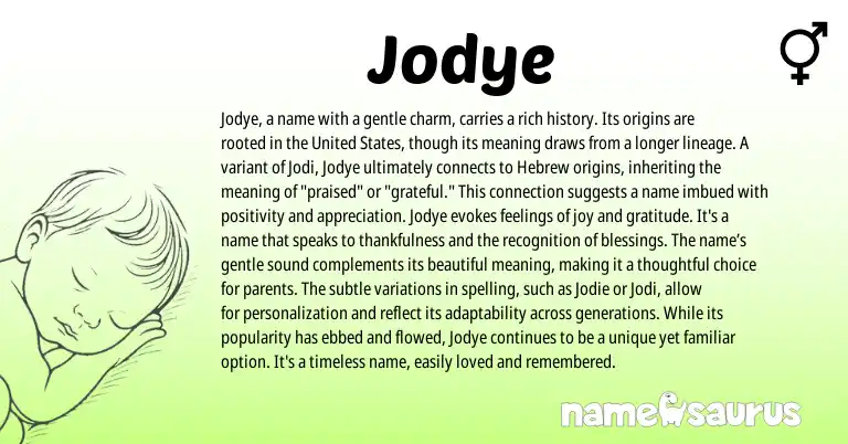Infographic about Jodye name meaning, Jodye is a name from Hebrew origin(s).