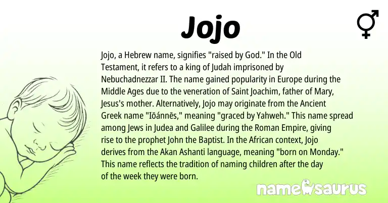 Infographic about Jojo name meaning, Jojo is a name from Ancient Greek, Ashanti, Akan, Roman, African, Hebrew origin(s).